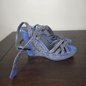 Stuart Weitzman Blue Suede Platform Wedge Sandals Strappy Women's Size 8